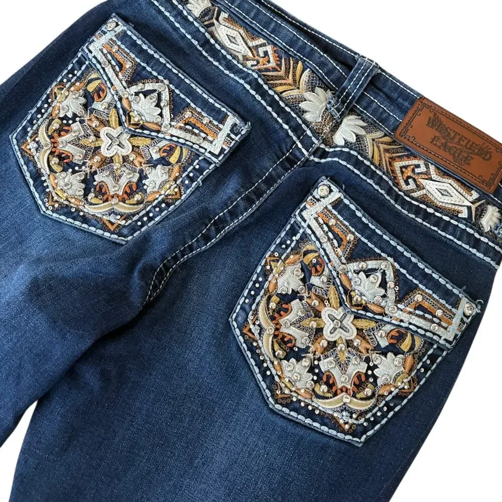 Y2K Westfield Eagle Jeans Junior 7 Bootcut Mob Wife Bling Embellished Denim Blue